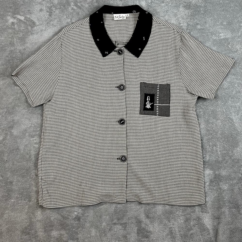 KD Spring Button Down Shirt Womens M Gingham Check Embroidered Artsy Statement